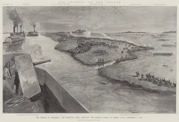 Unser Erfolg im Sudan, die Schlacht von Omdurman, die Armee des Khalifen greift die Truppen des Sirdars bei Keriri an, 6.30 Uhr, 2. September 1898